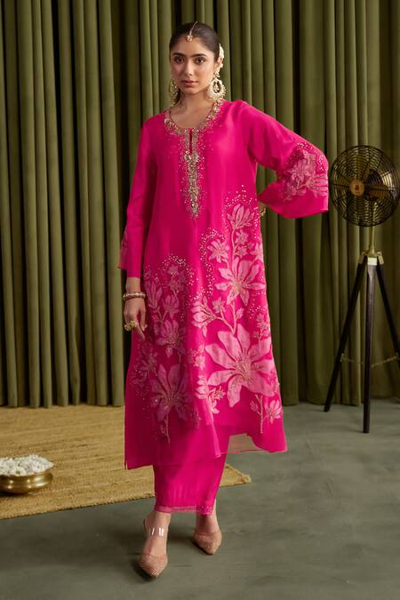 One Not Two_Pink Silk, Satin Crystals, Sequins Round Neck Hot Embroidered Kurta Set _Online_at_Aza_Fashions