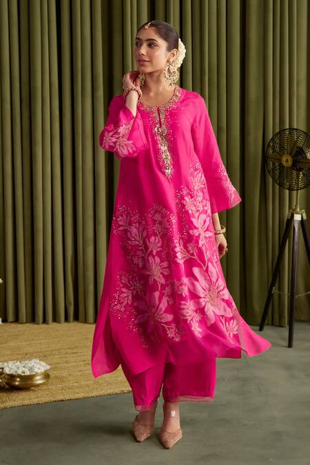 Buy_One Not Two_Pink Silk, Satin Crystals, Sequins Round Neck Hot Embroidered Kurta Set _Online_at_Aza_Fashions