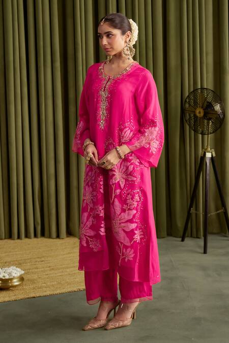 Shop_One Not Two_Pink Silk, Satin Crystals, Sequins Round Neck Hot Embroidered Kurta Set _Online_at_Aza_Fashions