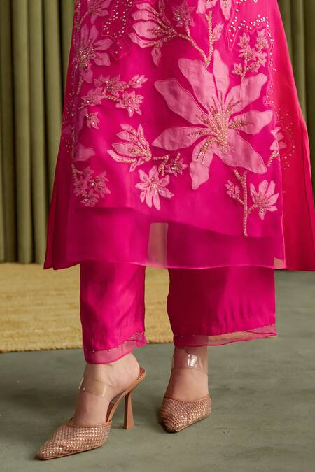 One Not Two_Pink Silk, Satin Crystals, Sequins Round Neck Hot Embroidered Kurta Set _at_Aza_Fashions