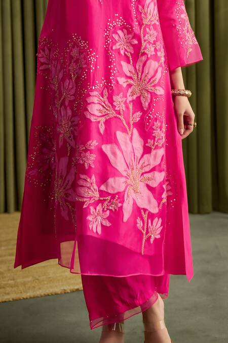 Buy_One Not Two_Pink Silk, Satin Crystals, Sequins Round Neck Hot Embroidered Kurta Set 