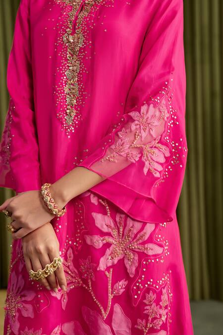 Shop_One Not Two_Pink Silk, Satin Crystals, Sequins Round Neck Hot Embroidered Kurta Set 