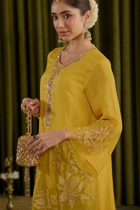 One Not Two_Yellow Silk, Satin, Organza Embroidery, Sequins, Crystals, Mango Kurta Set _Online_at_Aza_Fashions