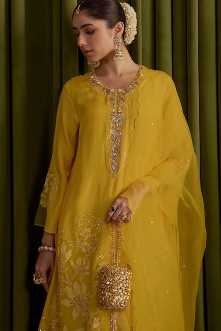 Buy_One Not Two_Yellow Silk, Satin, Organza Embroidery, Sequins, Crystals, Mango Kurta Set _Online_at_Aza_Fashions