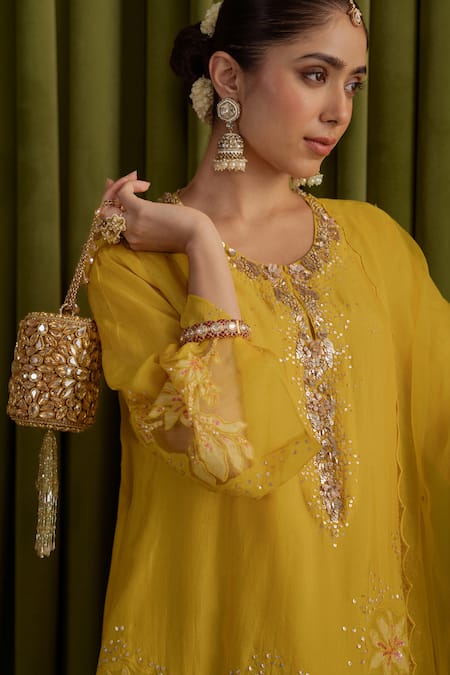 Shop_One Not Two_Yellow Silk, Satin, Organza Embroidery, Sequins, Crystals, Mango Kurta Set _Online_at_Aza_Fashions
