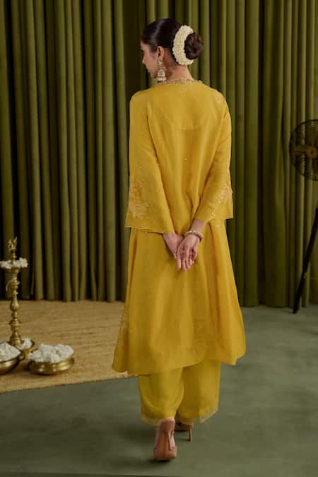 Shop_One Not Two_Yellow Silk, Satin, Organza Embroidery, Sequins, Crystals, Mango Kurta Set _at_Aza_Fashions