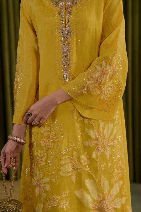 One Not Two_Yellow Silk, Satin, Organza Embroidery, Sequins, Crystals, Mango Kurta Set _at_Aza_Fashions