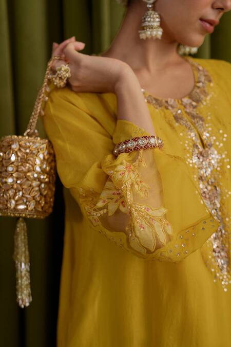 Buy_One Not Two_Yellow Silk, Satin, Organza Embroidery, Sequins, Crystals, Mango Kurta Set 