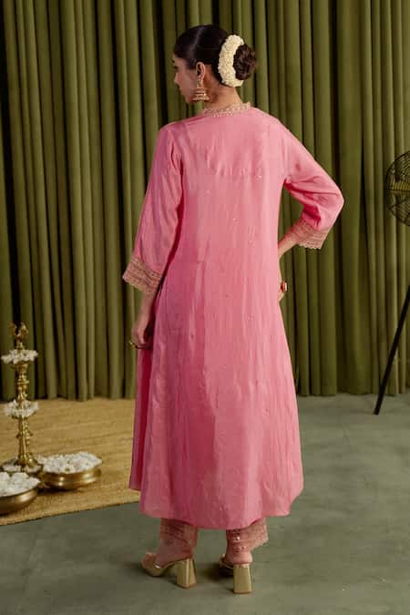 Shop One Not Two Pink Silk, Satin Crystals, Stones, Sequins Round Rose Embroidered Kurta Set at Aza Fashions Shop_One Not Two_Pink Silk, Satin Crystals, Stones, Sequins Round Rose Embroidered Kurta Set _at_Aza_Fashions