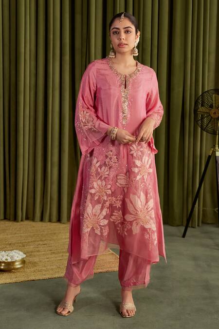 One Not Two Pink Silk, Satin Crystals, Stones, Sequins Round Rose Embroidered Kurta Set Online at Aza Fashions One Not Two_Pink Silk, Satin Crystals, Stones, Sequins Round Rose Embroidered Kurta Set _Online_at_Aza_Fashions