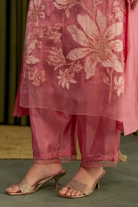 Shop One Not Two Pink Silk, Satin Crystals, Stones, Sequins Round Rose Embroidered Kurta Set Online at Aza Fashions Shop_One Not Two_Pink Silk, Satin Crystals, Stones, Sequins Round Rose Embroidered Kurta Set _Online_at_Aza_Fashions