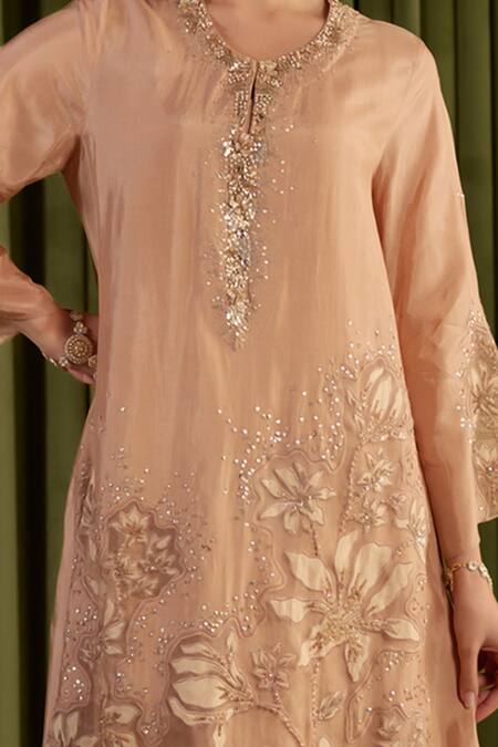 One Not Two Beige Silk, Satin Crystals, Sequins Round Neck Embroidered Golden Kurta Set Online at Aza Fashions One Not Two_Beige Silk, Satin Crystals, Sequins Round Neck Embroidered Golden Kurta Set _Online_at_Aza_Fashions