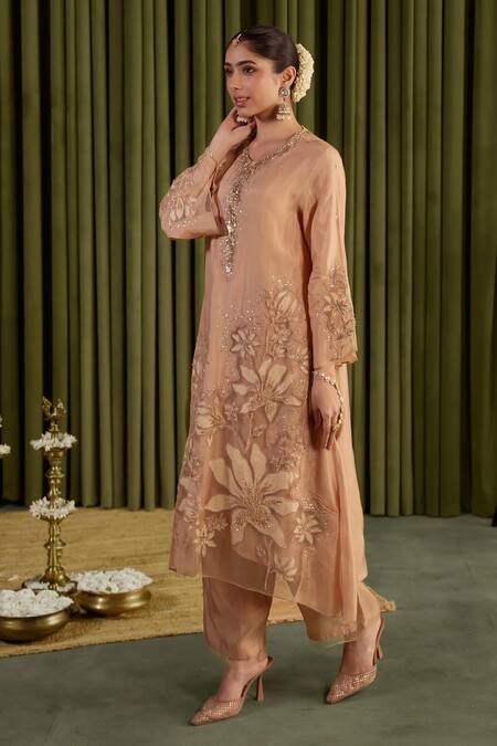 Shop One Not Two Beige Silk, Satin Crystals, Sequins Round Neck Embroidered Golden Kurta Set Online at Aza Fashions Shop_One Not Two_Beige Silk, Satin Crystals, Sequins Round Neck Embroidered Golden Kurta Set _Online_at_Aza_Fashions