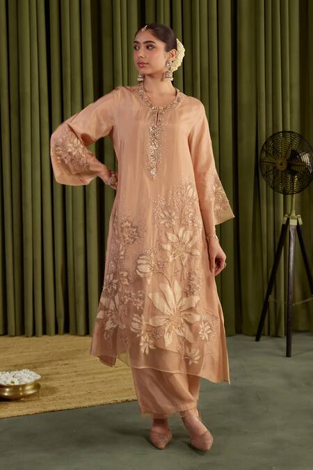 One Not Two Beige Silk, Satin Crystals, Sequins Round Neck Embroidered Golden Kurta Set at Aza Fashions One Not Two_Beige Silk, Satin Crystals, Sequins Round Neck Embroidered Golden Kurta Set _at_Aza_Fashions