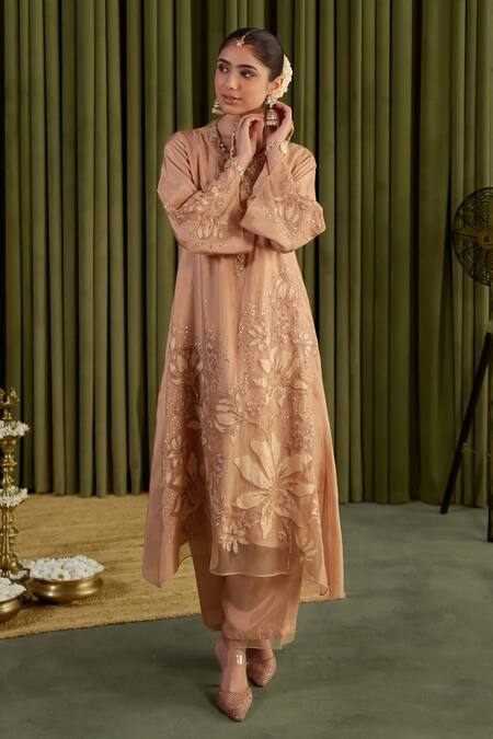 Buy One Not Two Beige Silk, Satin Crystals, Sequins Round Neck Embroidered Golden Kurta Set Buy_One Not Two_Beige Silk, Satin Crystals, Sequins Round Neck Embroidered Golden Kurta Set