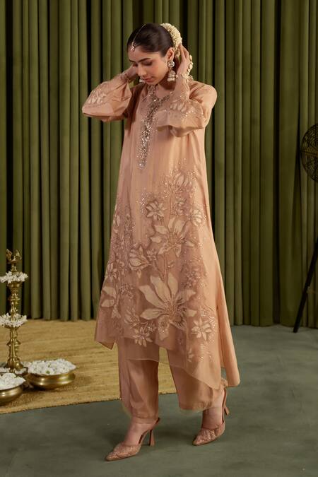 Shop One Not Two Beige Silk, Satin Crystals, Sequins Round Neck Embroidered Golden Kurta Set Shop_One Not Two_Beige Silk, Satin Crystals, Sequins Round Neck Embroidered Golden Kurta Set