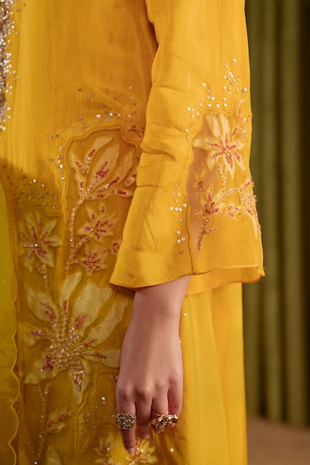 One Not Two Yellow Silk, Organza, Satin Crystals, Sequins Embroidered Golden Kurta Set Online at Aza Fashions One Not Two_Yellow Silk, Organza, Satin Crystals, Sequins Embroidered Golden Kurta Set _Online_at_Aza_Fashions