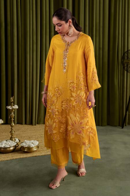 One Not Two Yellow Silk, Organza, Satin Crystals, Sequins Embroidered Golden Kurta Set at Aza Fashions One Not Two_Yellow Silk, Organza, Satin Crystals, Sequins Embroidered Golden Kurta Set _at_Aza_Fashions