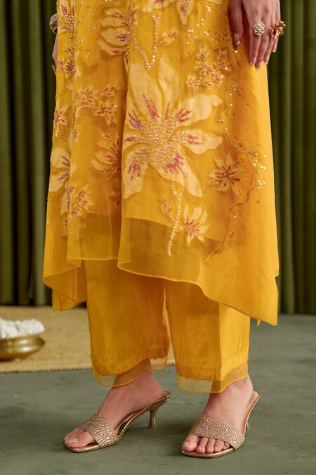 Buy One Not Two Yellow Silk, Organza, Satin Crystals, Sequins Embroidered Golden Kurta Set Buy_One Not Two_Yellow Silk, Organza, Satin Crystals, Sequins Embroidered Golden Kurta Set