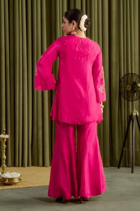One Not Two Hot Pink Hand Embroidered Kurta & Sharara Set 