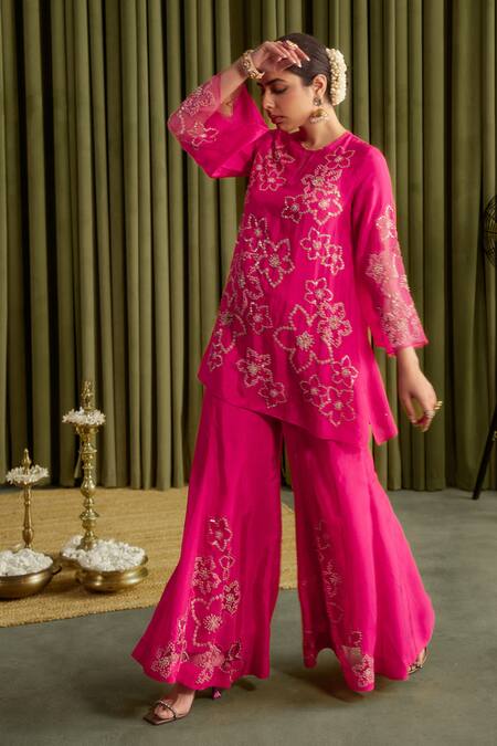 One Not Two_Pink Silk Crystals, Sequins, Embroidery Round Hot Hand Kurta And Sharara Set _Online_at_Aza_Fashions