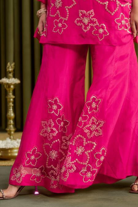 Buy_One Not Two_Pink Silk Crystals, Sequins, Embroidery Round Hot Hand Kurta And Sharara Set _Online_at_Aza_Fashions