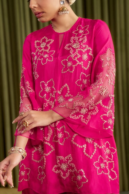 One Not Two_Pink Silk Crystals, Sequins, Embroidery Round Hot Hand Kurta And Sharara Set _at_Aza_Fashions