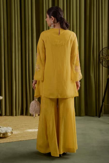 Shop_One Not Two_Yellow Silk Crystals, Sequins, Stones, Embroidery Mango Floral Sharara Set _at_Aza_Fashions