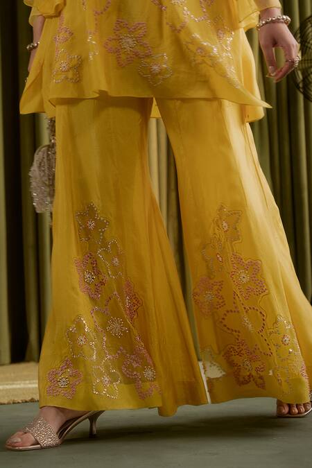 One Not Two_Yellow Silk Crystals, Sequins, Stones, Embroidery Mango Floral Sharara Set _Online_at_Aza_Fashions