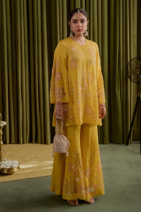 Buy_One Not Two_Yellow Silk Crystals, Sequins, Stones, Embroidery Mango Floral Sharara Set _Online_at_Aza_Fashions