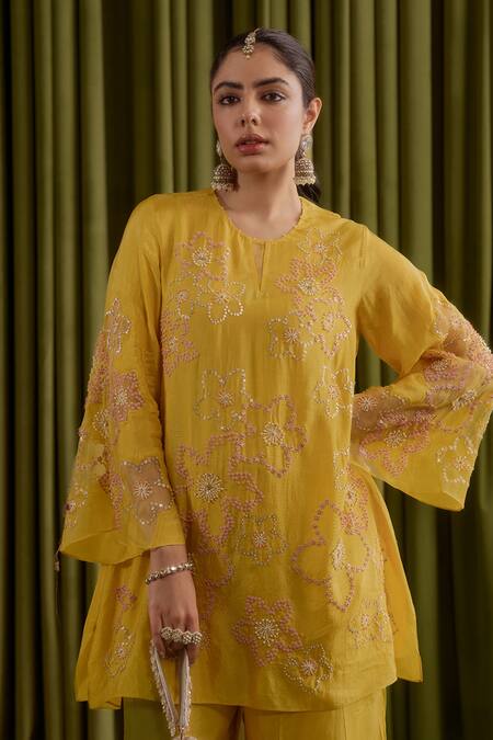 Shop_One Not Two_Yellow Silk Crystals, Sequins, Stones, Embroidery Mango Floral Sharara Set _Online_at_Aza_Fashions
