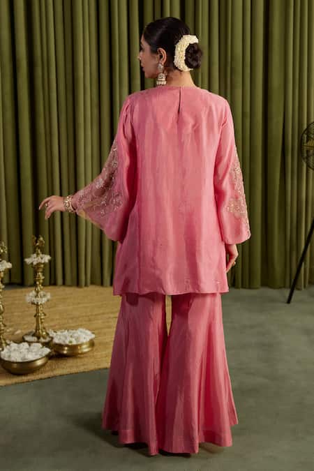 Shop One Not Two Pink Silk Crystals, Sequins, Stones Round Rose Hand Embroidered Sharara Set at Aza Fashions Shop_One Not Two_Pink Silk Crystals, Sequins, Stones Round Rose Hand Embroidered Sharara Set _at_Aza_Fashions