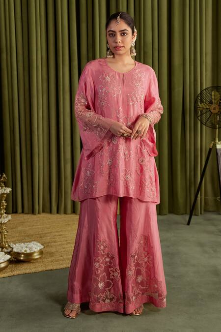 One Not Two Pink Silk Crystals, Sequins, Stones Round Rose Hand Embroidered Sharara Set Online at Aza Fashions One Not Two_Pink Silk Crystals, Sequins, Stones Round Rose Hand Embroidered Sharara Set _Online_at_Aza_Fashions