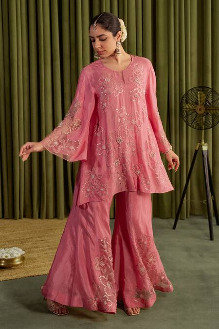 Buy One Not Two Pink Silk Crystals, Sequins, Stones Round Rose Hand Embroidered Sharara Set Online at Aza Fashions Buy_One Not Two_Pink Silk Crystals, Sequins, Stones Round Rose Hand Embroidered Sharara Set _Online_at_Aza_Fashions