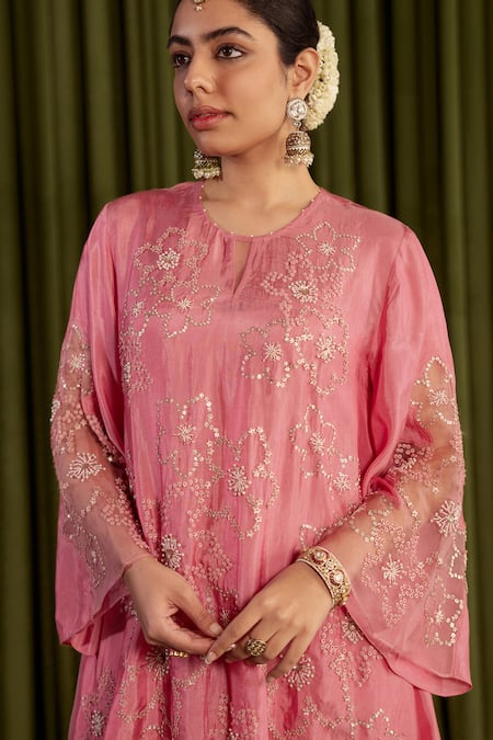 Shop One Not Two Pink Silk Crystals, Sequins, Stones Round Rose Hand Embroidered Sharara Set Online at Aza Fashions Shop_One Not Two_Pink Silk Crystals, Sequins, Stones Round Rose Hand Embroidered Sharara Set _Online_at_Aza_Fashions