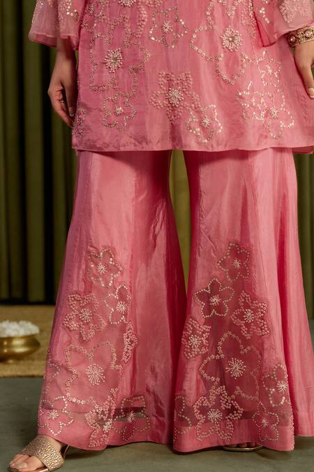 One Not Two Pink Silk Crystals, Sequins, Stones Round Rose Hand Embroidered Sharara Set at Aza Fashions One Not Two_Pink Silk Crystals, Sequins, Stones Round Rose Hand Embroidered Sharara Set _at_Aza_Fashions