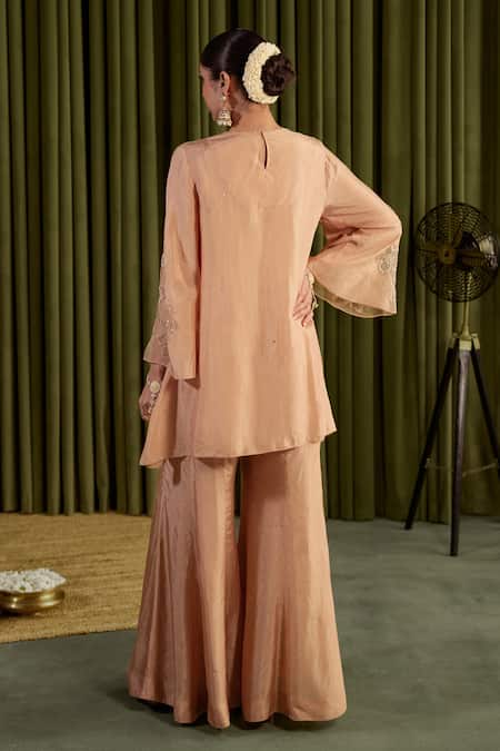 Shop_One Not Two_Peach Silk Crystals, Stones, Sequins Split Hand Embroidered Floral Sharara Set _at_Aza_Fashions