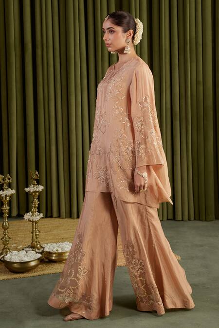 One Not Two_Peach Silk Crystals, Stones, Sequins Split Hand Embroidered Floral Sharara Set _Online_at_Aza_Fashions