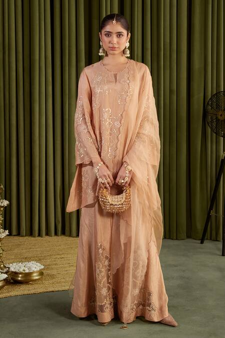 Buy_One Not Two_Peach Silk Crystals, Stones, Sequins Split Hand Embroidered Floral Sharara Set _Online_at_Aza_Fashions
