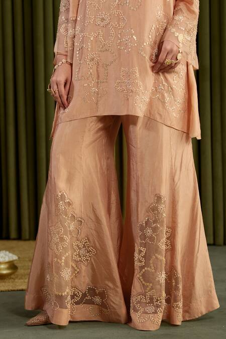 Shop_One Not Two_Peach Silk Crystals, Stones, Sequins Split Hand Embroidered Floral Sharara Set _Online_at_Aza_Fashions