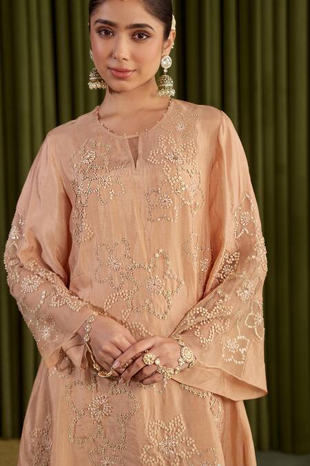 One Not Two_Peach Silk Crystals, Stones, Sequins Split Hand Embroidered Floral Sharara Set _at_Aza_Fashions