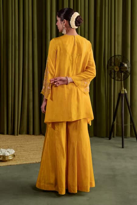 Shop One Not Two Yellow Silk, Viscose, Satin Crystals, Sequins, Stones Hand Embroidered Kurta Set at Aza Fashions Shop_One Not Two_Yellow Silk, Viscose, Satin Crystals, Sequins, Stones Hand Embroidered Kurta Set _at_Aza_Fashions