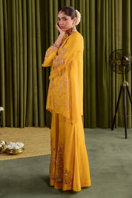 Shop One Not Two Yellow Silk, Viscose, Satin Crystals, Sequins, Stones Hand Embroidered Kurta Set Online at Aza Fashions Shop_One Not Two_Yellow Silk, Viscose, Satin Crystals, Sequins, Stones Hand Embroidered Kurta Set _Online_at_Aza_Fashions