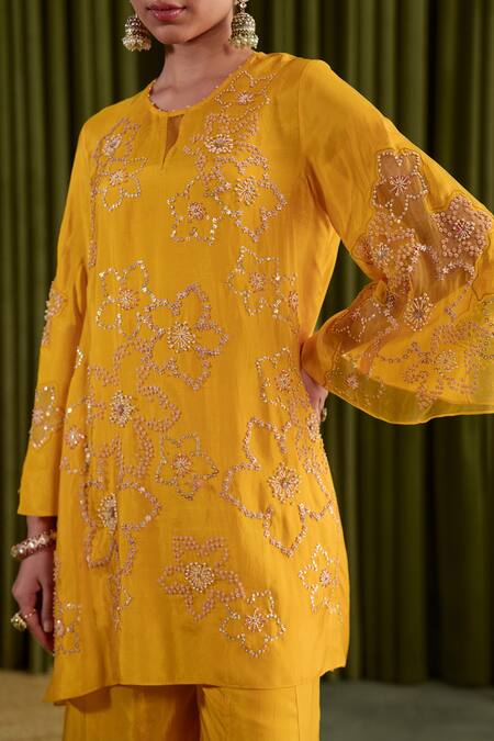 One Not Two Yellow Silk, Viscose, Satin Crystals, Sequins, Stones Hand Embroidered Kurta Set at Aza Fashions One Not Two_Yellow Silk, Viscose, Satin Crystals, Sequins, Stones Hand Embroidered Kurta Set _at_Aza_Fashions