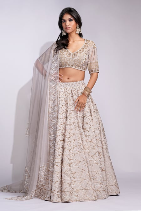 Shruti S_Beige Silk, Chiffon Sequins, Embroidery V-neck Lehenga Set _Online_at_Aza_Fashions