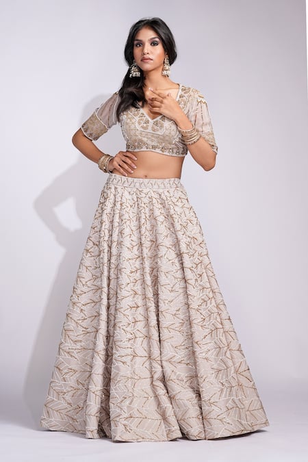 Buy_Shruti S_Beige Silk, Chiffon Sequins, Embroidery V-neck Lehenga Set _Online_at_Aza_Fashions