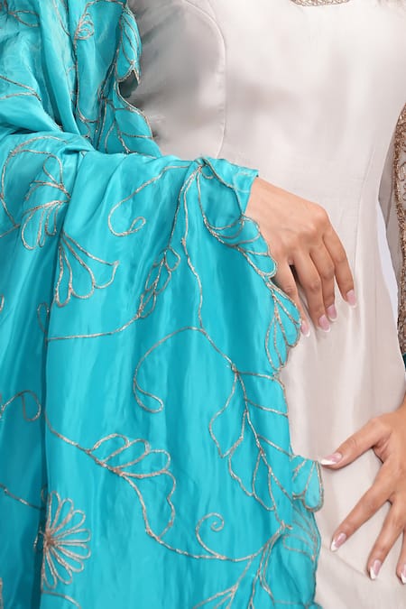 Shop_Shruti S_Beige , Organza Zari Round Neck Embroidered Kurta Set With Dupatta _Online_at_Aza_Fashions