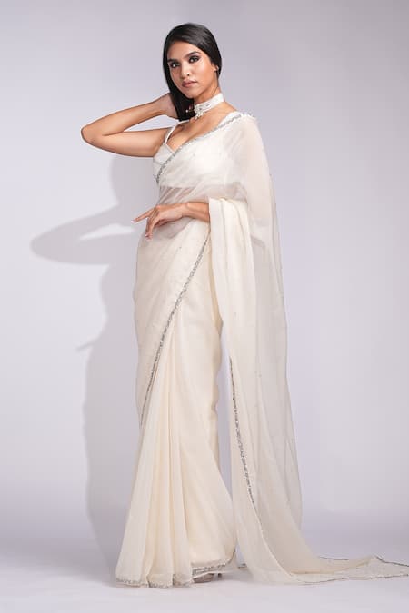 Shruti S_Off White Organza Sequins, Embroidery Scoop Neck Saree Set _Online_at_Aza_Fashions