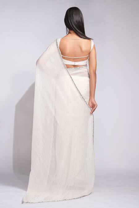 Shop_Shruti S_Off White Organza Sequins, Embroidery Scoop Neck Saree Set _at_Aza_Fashions