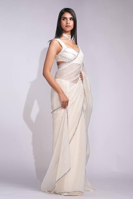 Buy_Shruti S_Off White Organza Sequins, Embroidery Scoop Neck Saree Set _Online_at_Aza_Fashions
